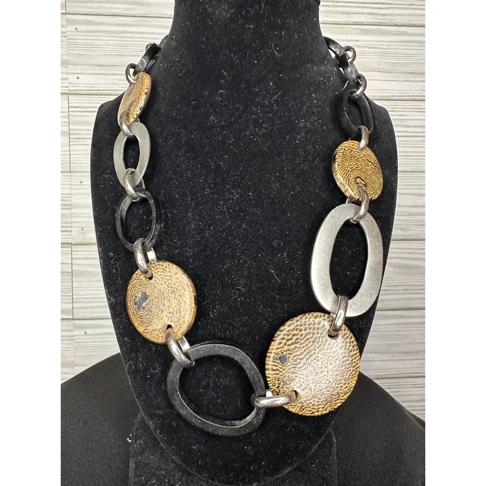 Mix Culture Gold & Black Chunky Link Statement Disc Necklace Excellent